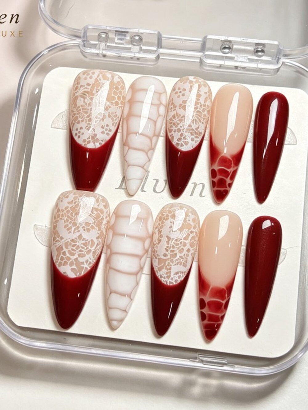 Elegant Red French Tip and White Lace Handmade Stiletto Press On Nails Set